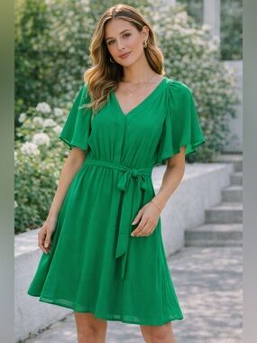 H&M Emerald Green V-Neck Tie-Waist Midi Dress